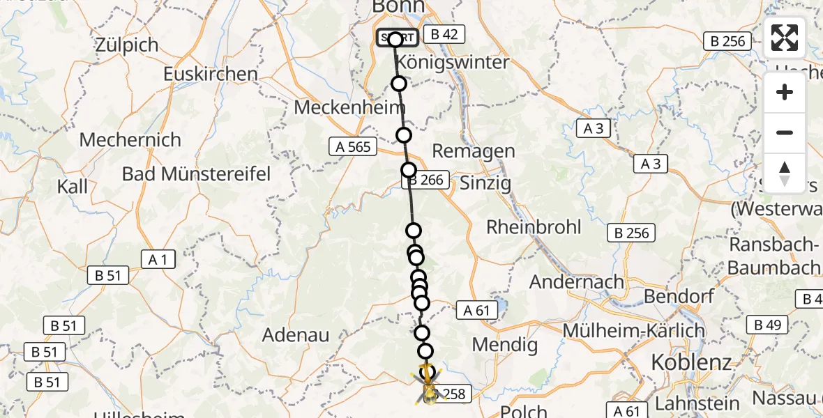 Flugroute Ambulanzhubschrauber Bonn University Hospital - Mayen, 07 Juni 2026, 06:30