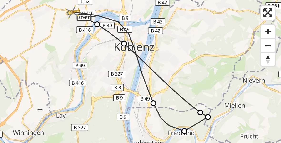 Flugroute Rettungshubschrauber Koblenz - Koblenz, 07 Juni 2026, 06:32