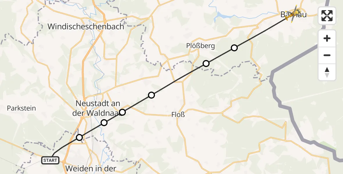 Flugroute Rettungshubschrauber Weiden i.d.OPf. - Bärnau, 07 Juni 2026, 06:42