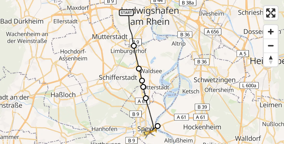 Flugroute Rettungshubschrauber Ludwigshafen am Rhein - Speyer, 07 Juni 2026, 06:44