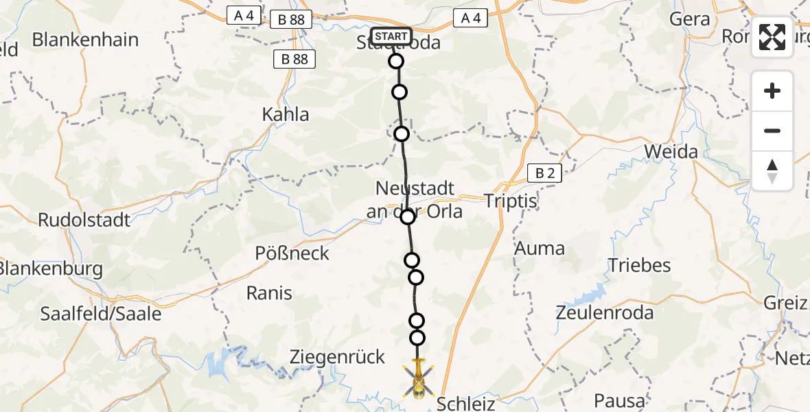 Flugroute Rettungshubschrauber Stadtroda - Schleiz, 07 Juni 2026, 07:06