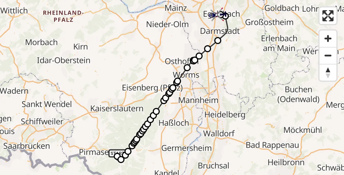 Flugroute Polizeihubschrauber Hinterweidenthal - Flughafen Frankfurt-Egelsbach, 07 Juni 2026, 07:08