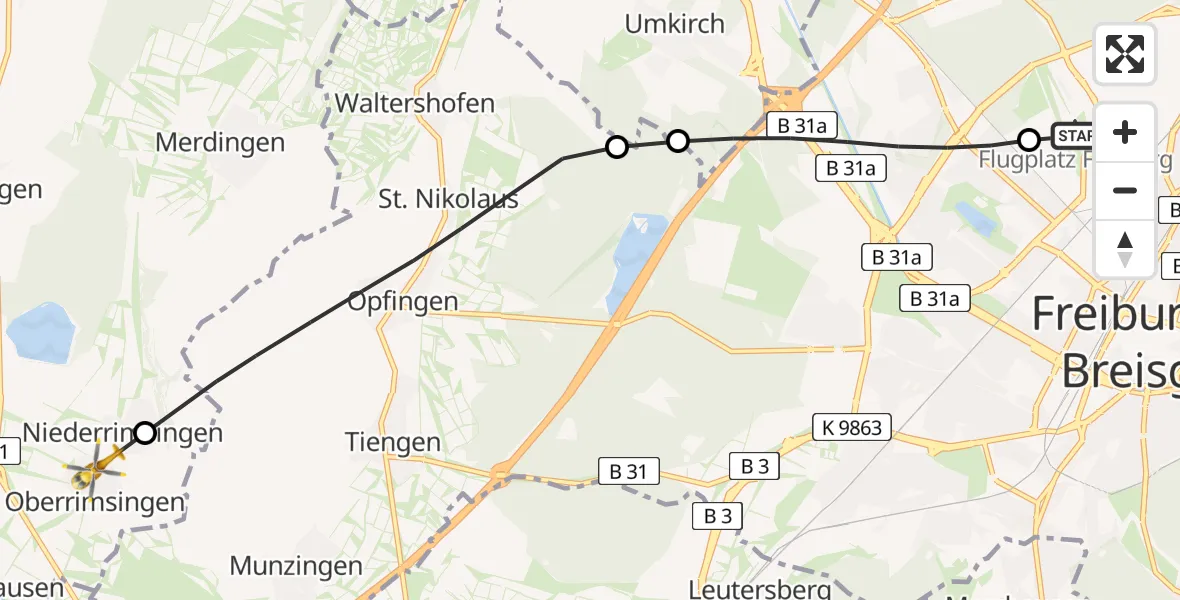 Flugroute Rettungshubschrauber Freiburg im Breisgau Flugplatz - Breisach am Rhein, 07 Juni 2026, 07:24