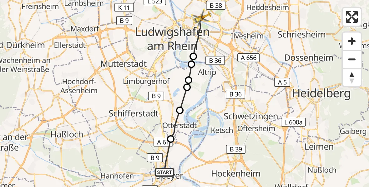 Flugroute Rettungshubschrauber Speyer - Mannheim, 07 Juni 2026, 07:27