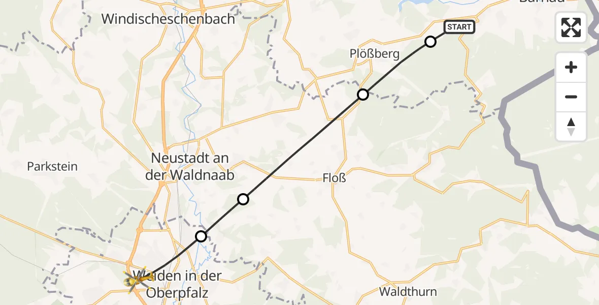 Flugroute Rettungshubschrauber Bärnau - Weiden i.d.OPf., 07 Juni 2026, 07:31