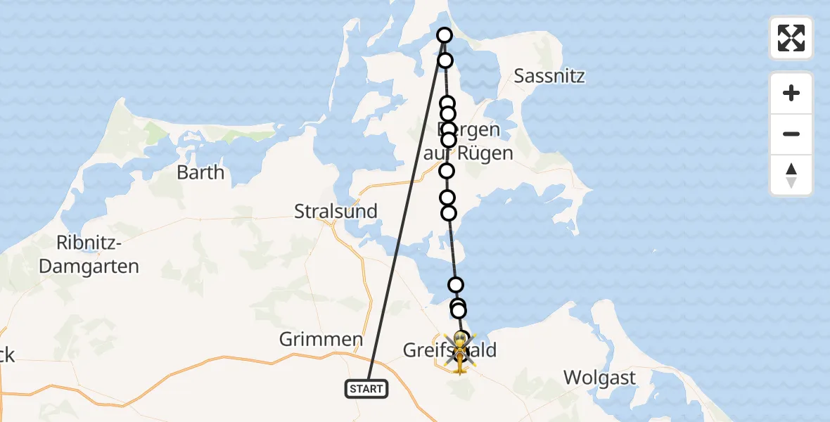 Flugroute Rettungshubschrauber Süderholz - Greifswald Hospital, 07 Juni 2026, 07:37
