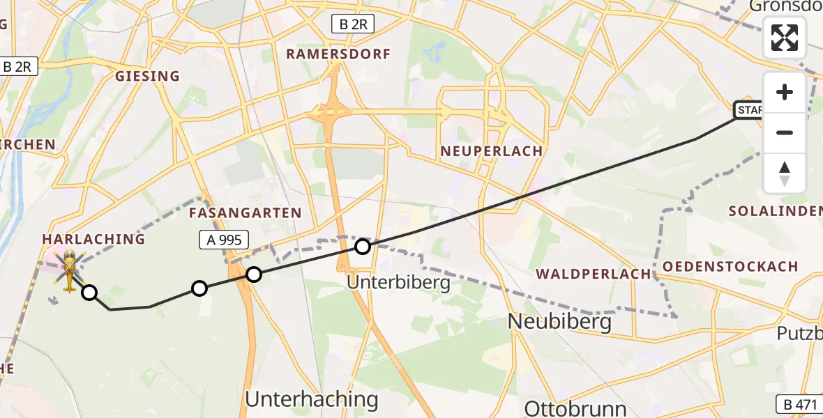 Flugroute Rettungshubschrauber München - ADAC Air Rescue Center Hubschrauberlandeplatz (Christoph 1), 07 Juni 2026, 07:44