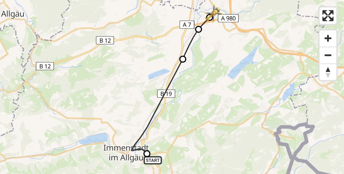 Flugroute Rettungshubschrauber Burgberg i.Allgäu - Kempten-Durach Flugplatz, 07 Juni 2026, 07:54