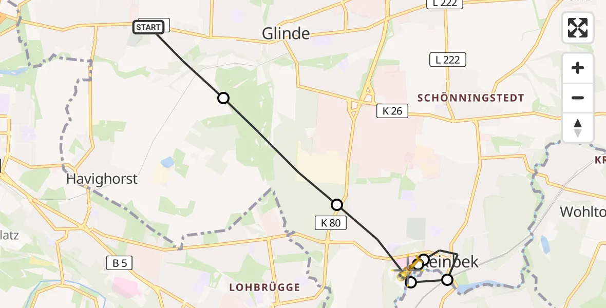 Flugroute Ambulanzhubschrauber Oststeinbek - Reinbek St. Adolf-Stift Hospital, 07 Juni 2026, 07:56