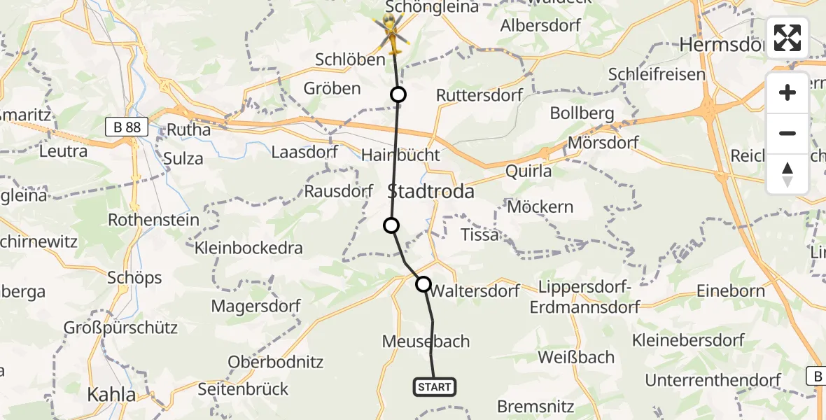 Flugroute Rettungshubschrauber Meusebach - Schlöben, 07 Juni 2026, 07:57