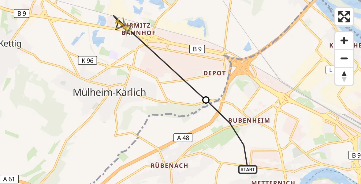 Flugroute Rettungshubschrauber Koblenz - Mülheim-Kärlich, 07 Juni 2026, 08:05
