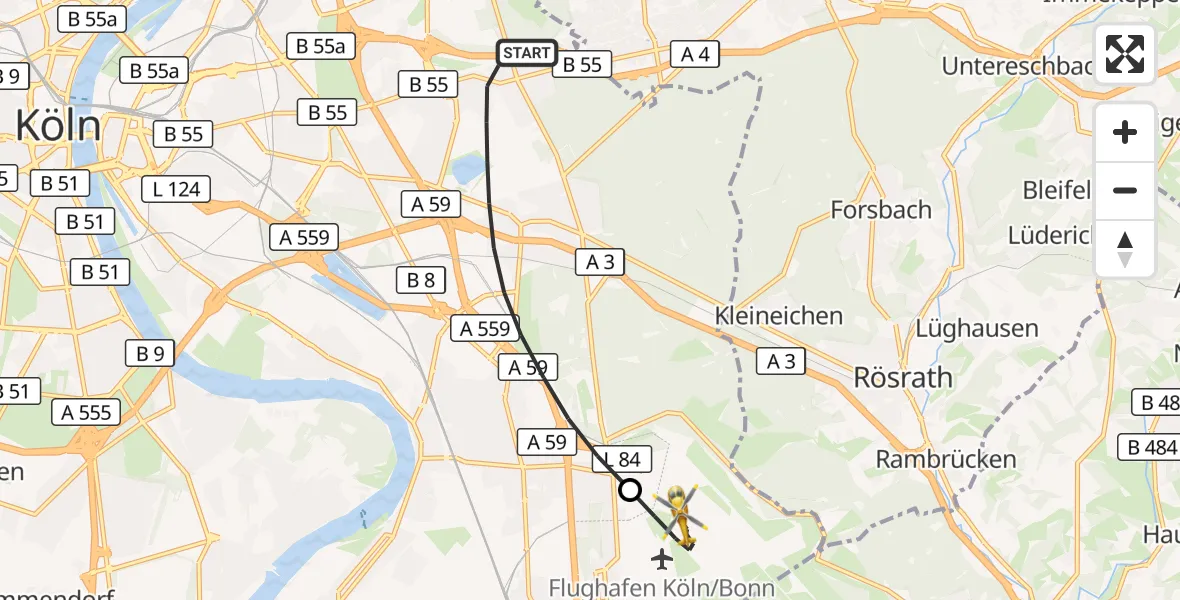 Flugroute Rettungshubschrauber Köln - Köln Bonn Flughafen, 07 Juni 2026, 08:08