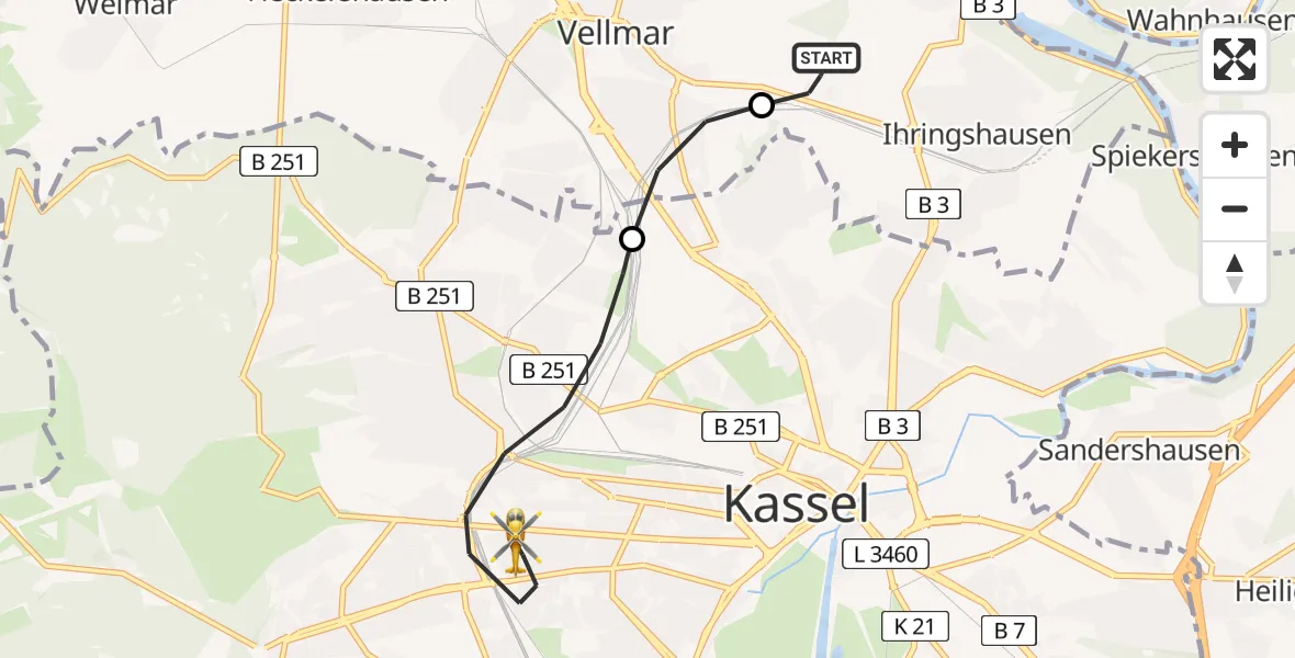 Flugroute Rettungshubschrauber Fuldatal Bundespolizei Hubschrauberlandeplatz - Kassel, 07 Juni 2026, 08:08