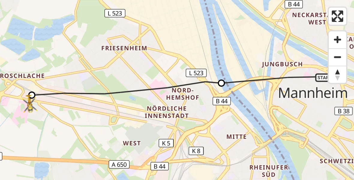 Flugroute Rettungshubschrauber Mannheim - Ludwigshafen Accident Hospital, 07 Juni 2026, 08:10