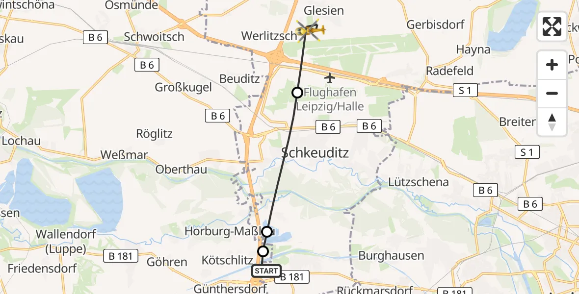 Flugroute Rettungshubschrauber ADAC Air Rescue Station Leipzig/Schkeuditz-Dölzig Hubschrauberlandeplatz (Christoph 61) - Flughafen Leipzig/Halle, 07 Juni 2026, 08:12