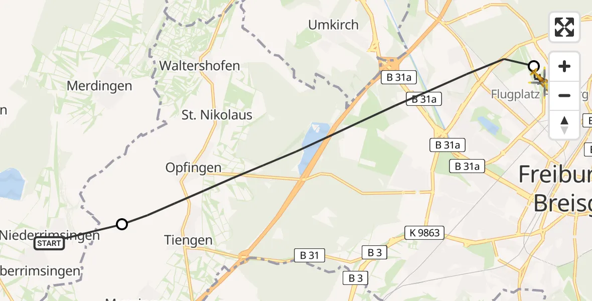 Flugroute Rettungshubschrauber Breisach am Rhein - Freiburg im Breisgau Flugplatz, 07 Juni 2026, 08:22