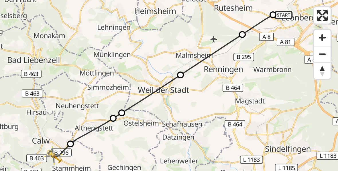 Flugroute Rettungshubschrauber Leonberg Hospital - Calw, 07 Juni 2026, 08:23