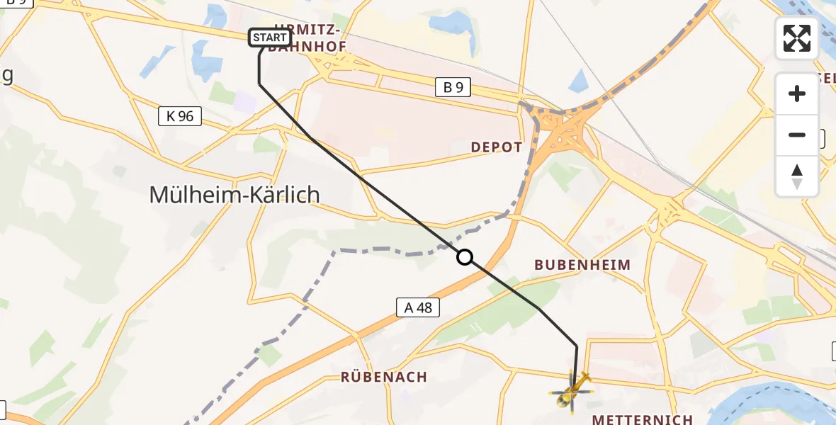 Flugroute Rettungshubschrauber Mülheim-Kärlich - Koblenz, 07 Juni 2026, 08:26