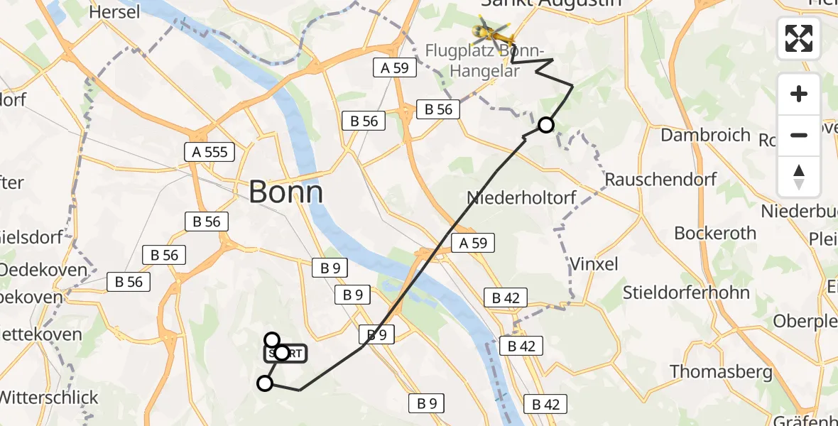 Flugroute Ambulanzhubschrauber Bonn University Hospital - Sankt Augustin, 07 Juni 2026, 08:33