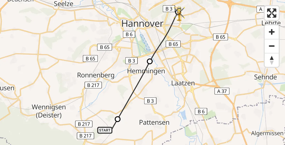 Flugroute Rettungshubschrauber Springe - Hannover Luftrettung Hubschrauberlandeplatz (Christoph 4), 07 Juni 2026, 08:38