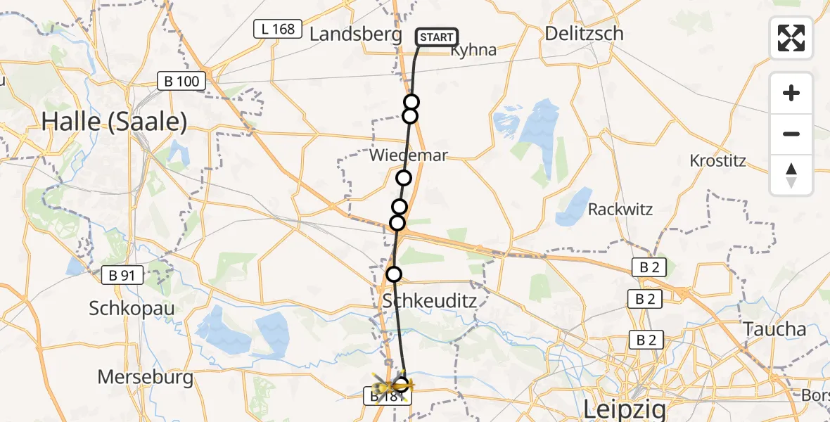 Flugroute Rettungshubschrauber Wiedemar - ADAC Air Rescue Station Leipzig/Schkeuditz-Dölzig Hubschrauberlandeplatz (Christoph 61), 07 Juni 2026, 08:41