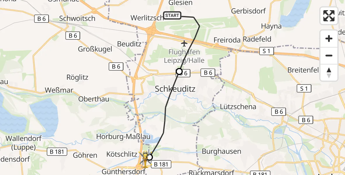Flugroute Rettungshubschrauber Flughafen Leipzig/Halle - ADAC Air Rescue Station Leipzig/Schkeuditz-Dölzig Hubschrauberlandeplatz (Christoph 61), 07 Juni 2026, 08:50