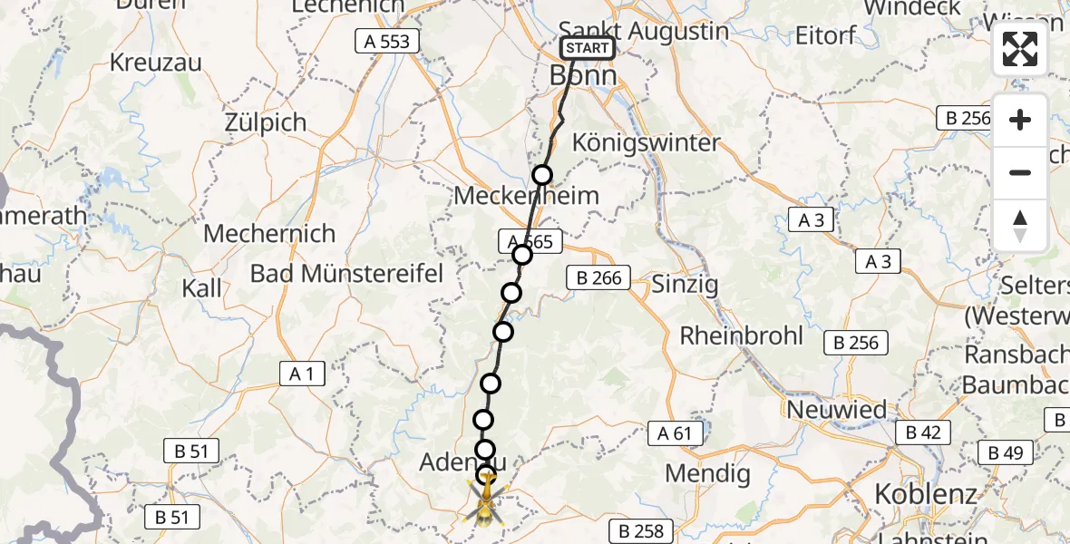 Flugroute Ambulanzhubschrauber Bonn - Nürburg, 07 Juni 2026, 08:59