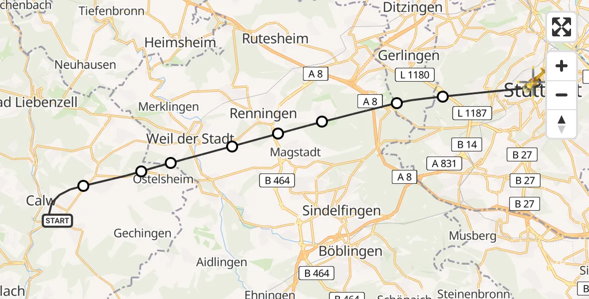 Flugroute Rettungshubschrauber Calw - Stuttgart, 07 Juni 2026, 09:02