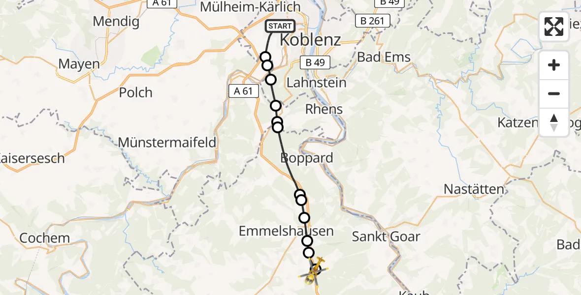 Flugroute Rettungshubschrauber Koblenz - Pfalzfeld, 07 Juni 2026, 09:07