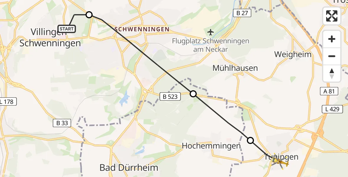 Flugroute Ambulanzhubschrauber DRF Air Rescue Station Villingen-Schwenningen Hubschrauberlandeplatz (Christoph 11) - Tuningen, 07 Juni 2026, 09:15