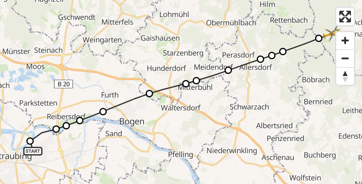 Flugroute Rettungshubschrauber Sankt Elisabeth Hospital Straubing - Achslach, 07 Juni 2026, 09:34