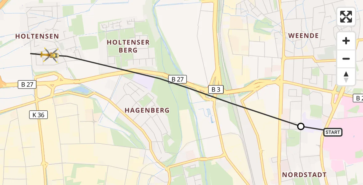 Flugroute Rettungshubschrauber Göttingen University Clinic Hubschrauberlandeplatz - Göttingen, 07 Juni 2026, 09:36