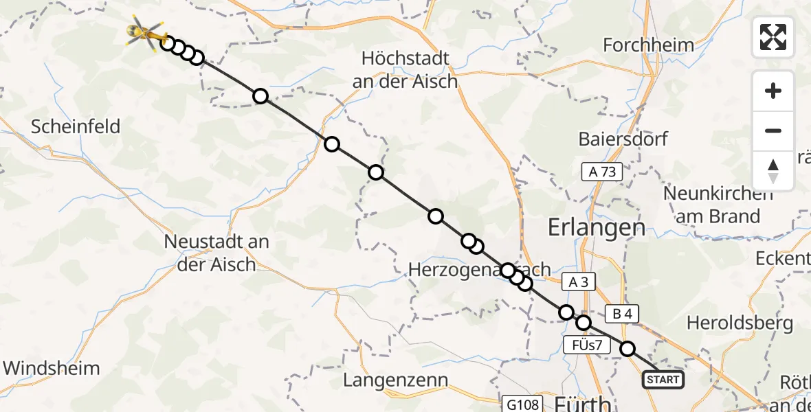 Flugroute Ambulanzhubschrauber Flughafen Nuremberg - Burghaslach, 07 Juni 2026, 09:47