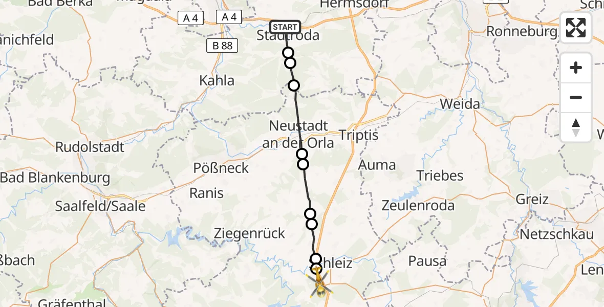 Flugroute Rettungshubschrauber Stadtroda - Schleiz, 07 Juni 2026, 09:53