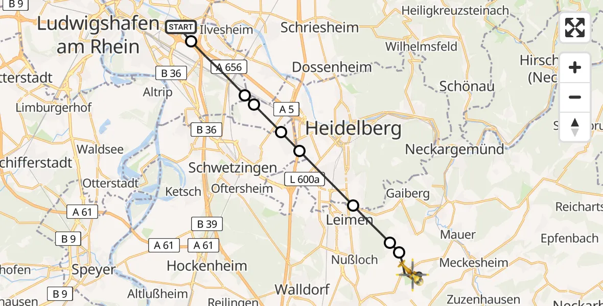 Flugroute Rettungshubschrauber Mannheim-City Flughafen - Wiesloch, 07 Juni 2026, 09:55