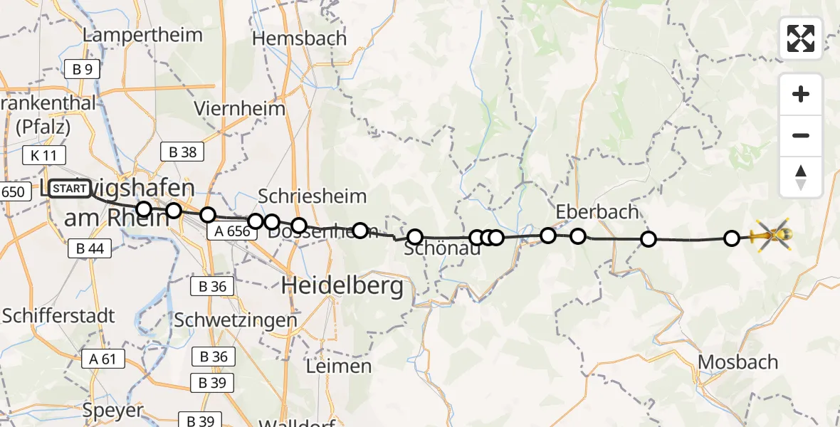 Flugroute Rettungshubschrauber Ludwigshafen am Rhein - Fahrenbach, 07 Juni 2026, 10:00