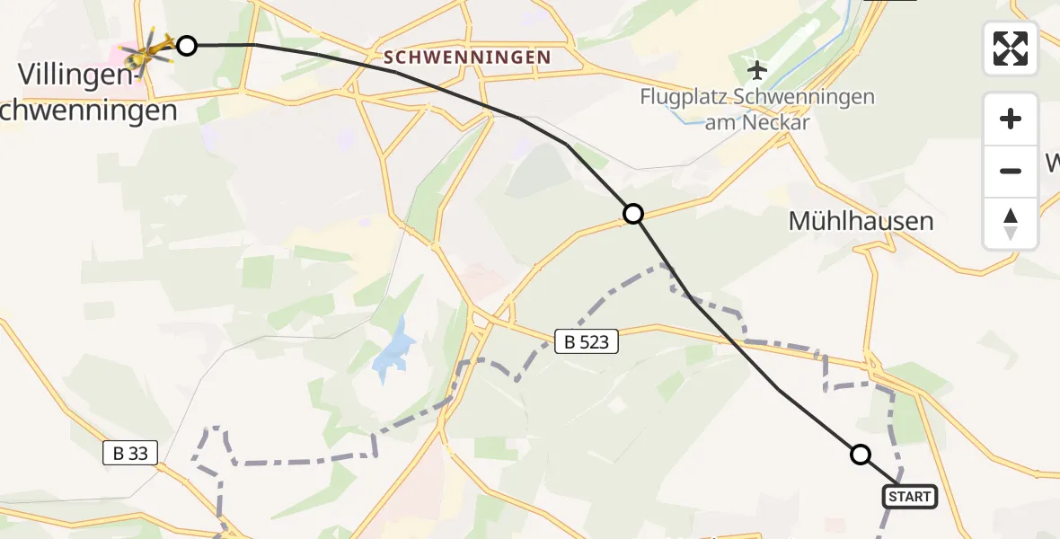 Flugroute Ambulanzhubschrauber Tuningen - DRF Air Rescue Station Villingen-Schwenningen Hubschrauberlandeplatz (Christoph 11), 07 Juni 2026, 10:00