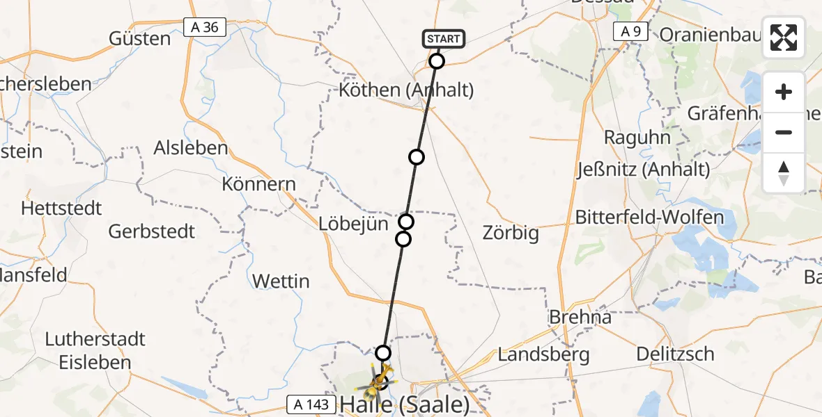 Flugroute Rettungshubschrauber Osternienburger Land - Halle (Saale) University Hospital, 07 Juni 2026, 10:03