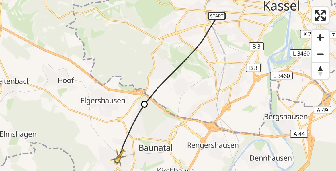 Flugroute Rettungshubschrauber Kassel - Baunatal, 07 Juni 2026, 10:06