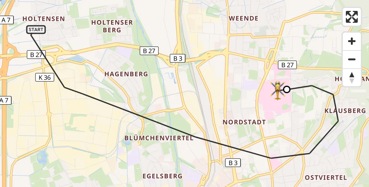 Flugroute Rettungshubschrauber Göttingen - Göttingen University Clinic Hubschrauberlandeplatz, 07 Juni 2026, 10:08