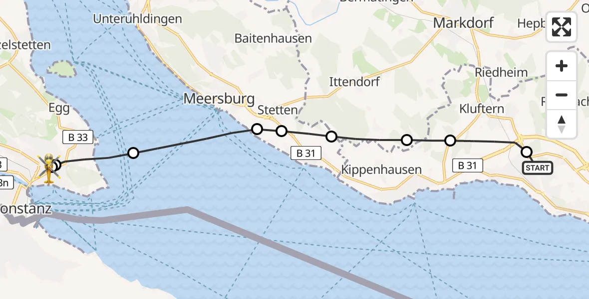 Flugroute Rettungshubschrauber Friedrichshafen Hospital - Konstanz Hospital, 07 Juni 2026, 10:13