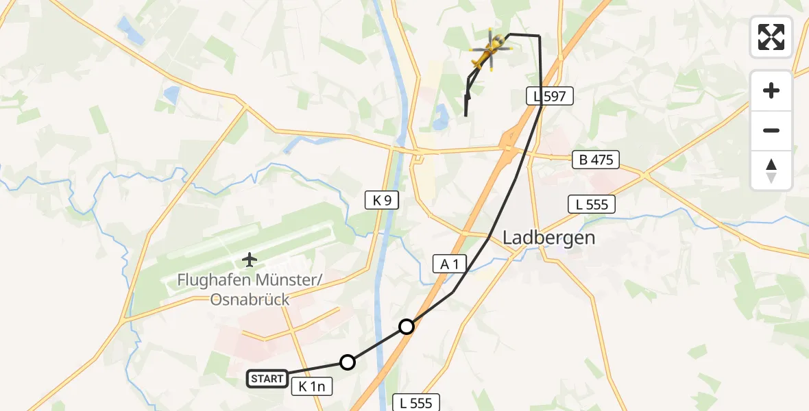 Flugroute Ambulanzhubschrauber Christoph  Westfalen-ADAC - Ladbergen, 07 Juni 2026, 10:19