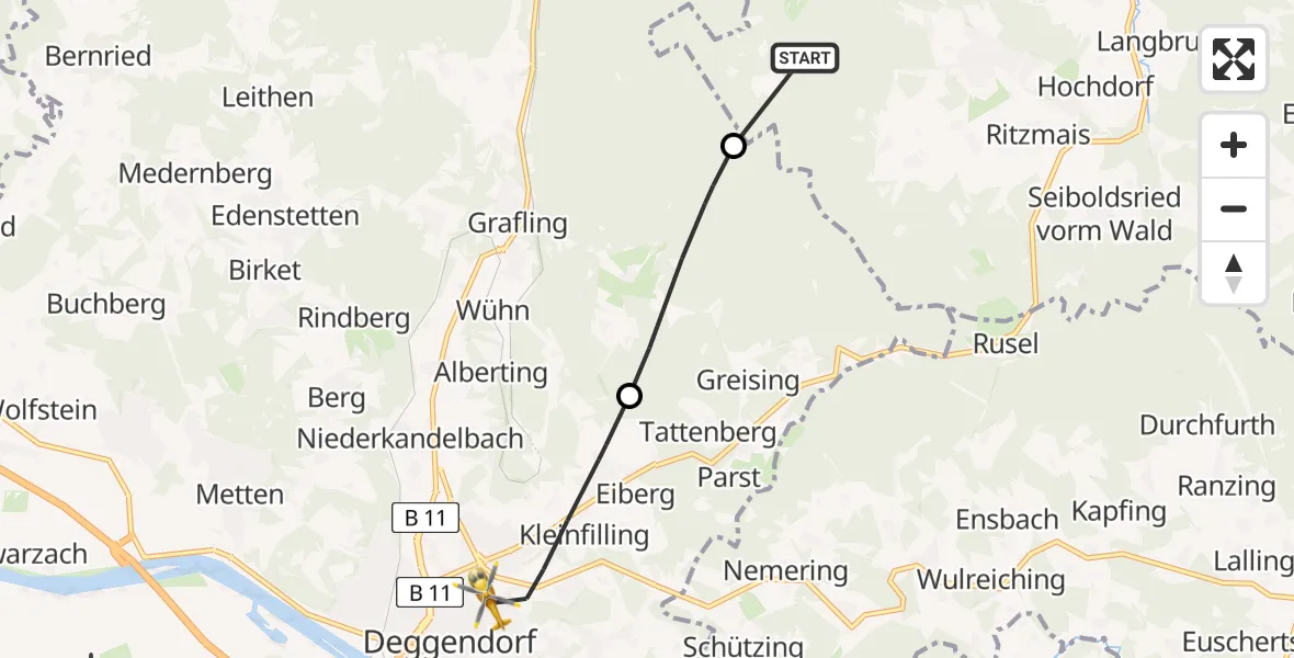 Flugroute Rettungshubschrauber Bischofsmais - Deggendorf, 07 Juni 2026, 10:20