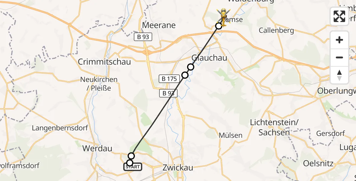 Flugroute Rettungshubschrauber ADAC Air Rescue Station Zwickau Hubschrauberlandeplatz - Remse, 07 Juni 2026, 10:24