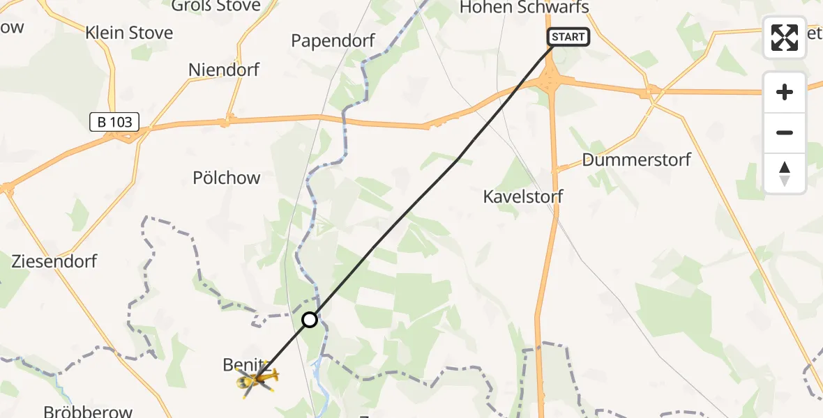 Flugroute Ambulanzhubschrauber Dummerstorf - Benitz, 07 Juni 2026, 10:25