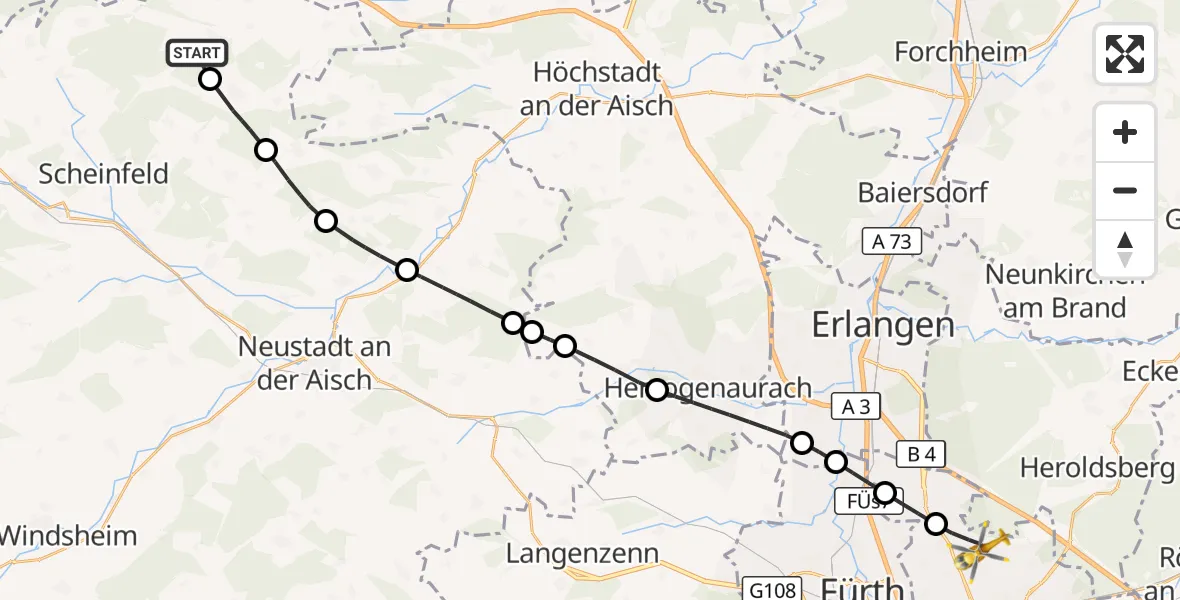 Flugroute Ambulanzhubschrauber Burghaslach - Flughafen Nuremberg, 07 Juni 2026, 10:32