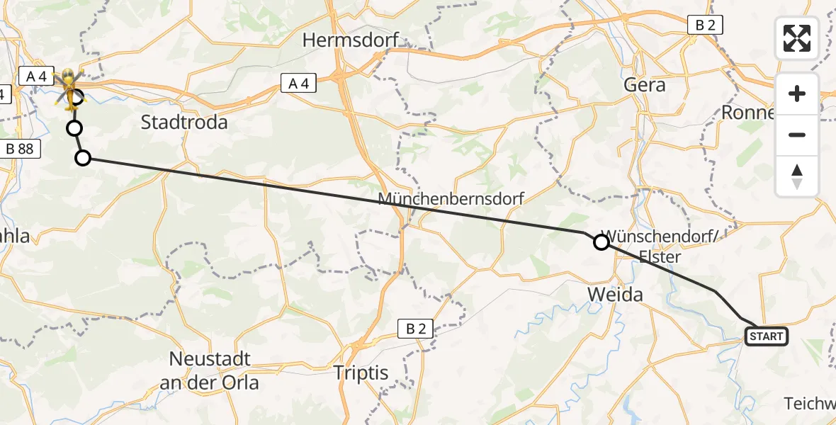 Flugroute Rettungshubschrauber Berga-Wünschendorf - Zöllnitz, 07 Juni 2026, 10:35