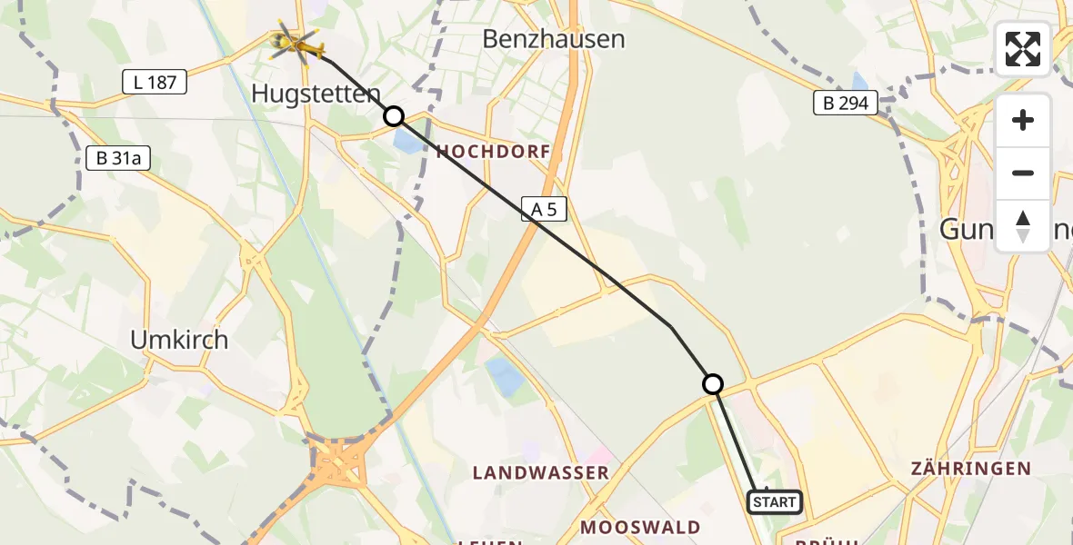 Flugroute Rettungshubschrauber Freiburg im Breisgau Flugplatz - March, 07 Juni 2026, 10:36