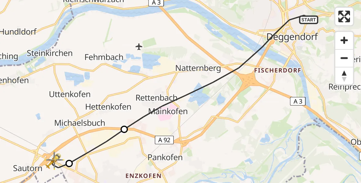 Flugroute Rettungshubschrauber Deggendorf - Stephansposching, 07 Juni 2026, 10:37