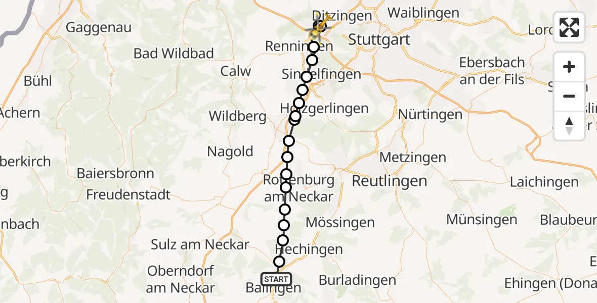 Flugroute Rettungshubschrauber Balingen - Leonberg Hospital, 07 Juni 2026, 10:43